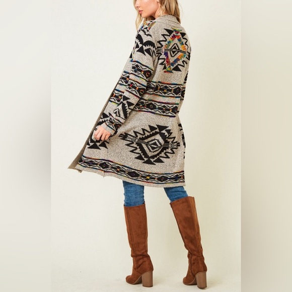 Anthropologie Sweaters - Northern Angel Boho Aztec Tribal Rainbow Knit Long Open-Front Cardigan Size M
